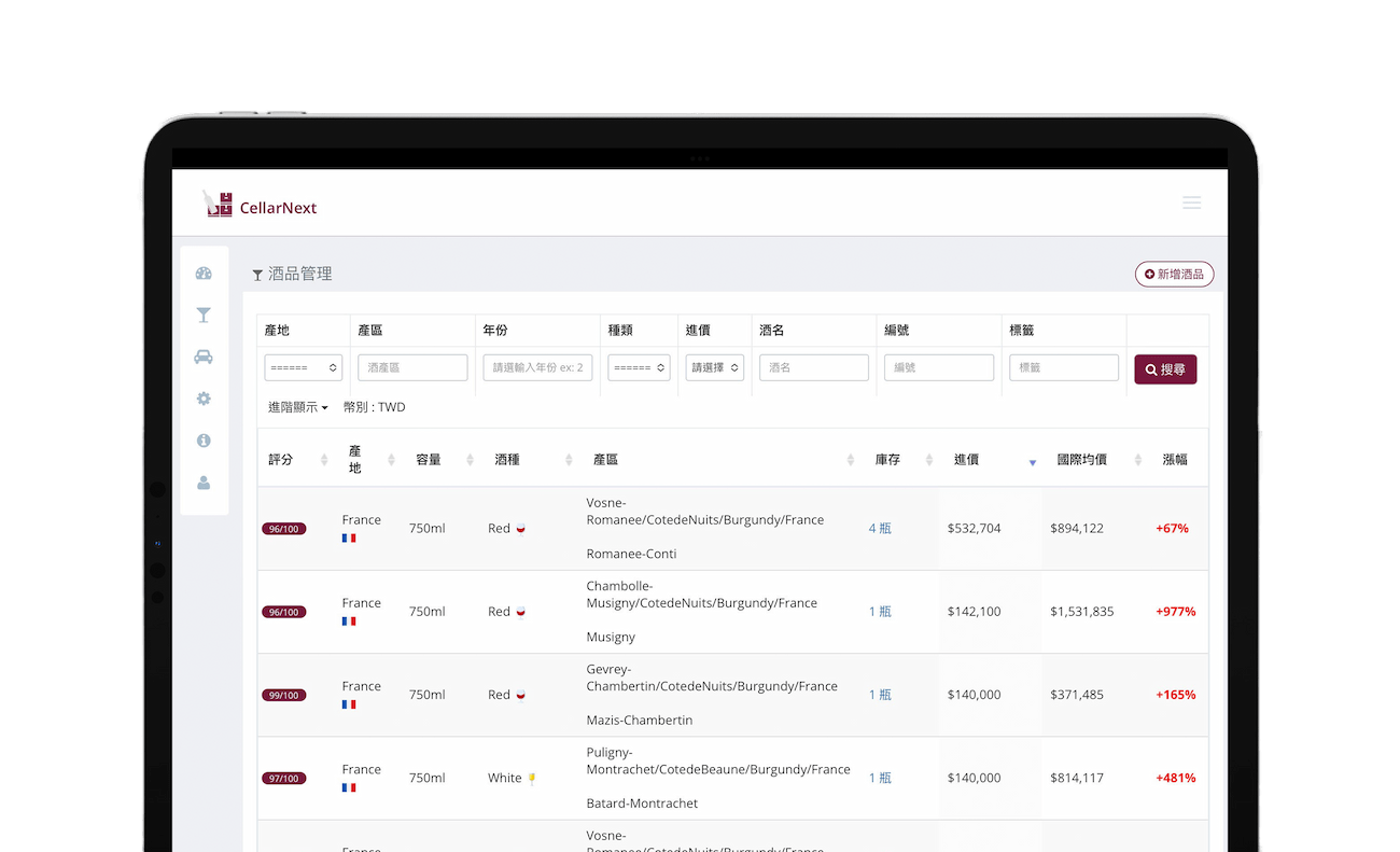 CellarNext 用數據管理愛酒，紅酒、白酒、威士忌、香檳、白蘭地、伏特加、朗姆酒、中式白酒、龍舌蘭、清酒..各式各樣的酒類都支援