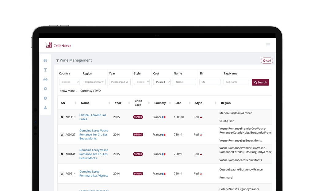 CellarNext 用數據管理愛酒，紅酒、白酒、威士忌、香檳、白蘭地、伏特加、朗姆酒、中式白酒、龍舌蘭、清酒..各式各樣的酒類都支援